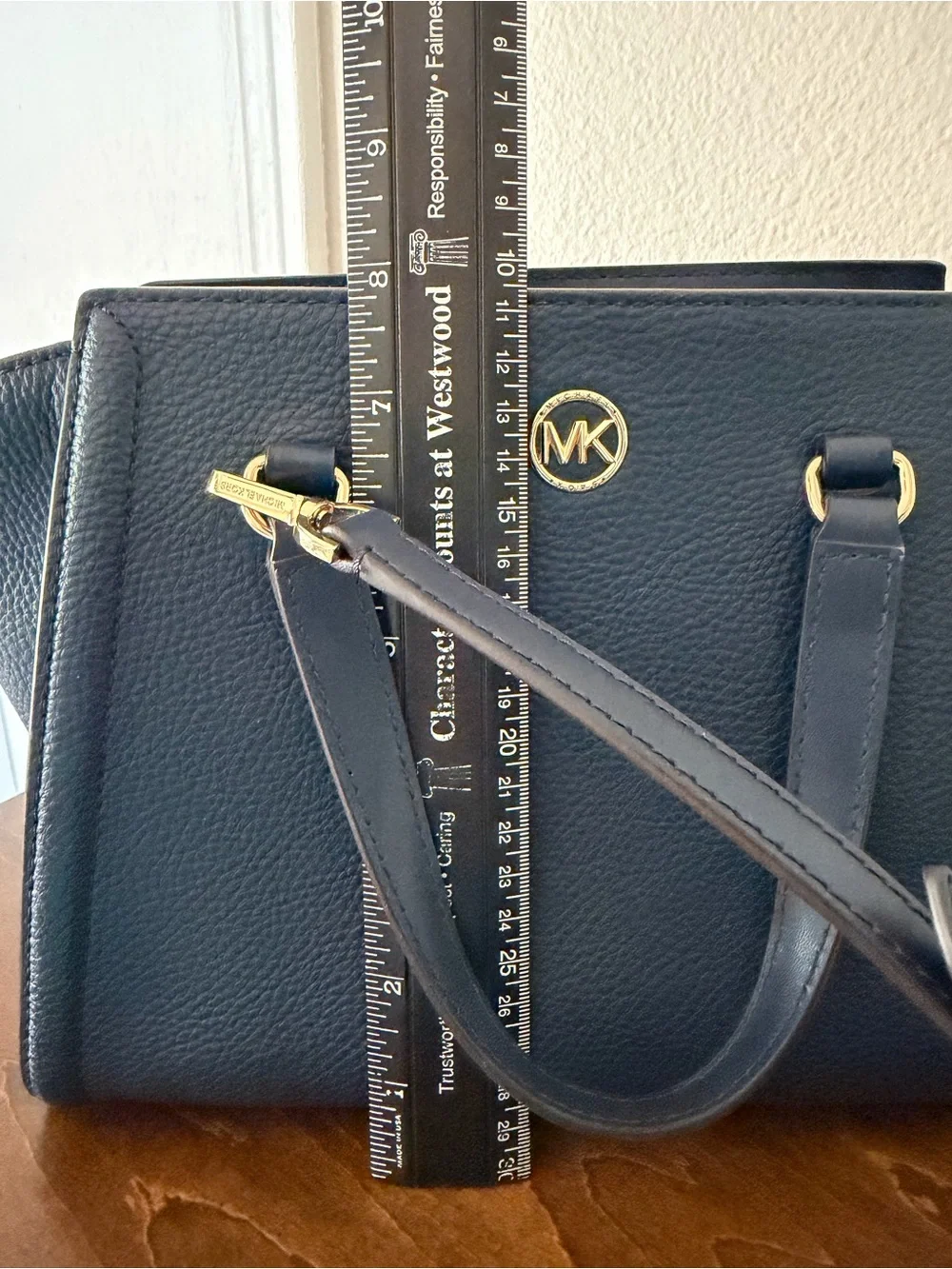 Michael Kors Navy Pebbled Leather Satchel with Gold Hardware